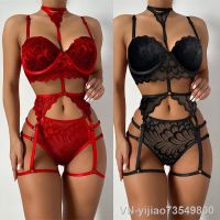 【CC】☎✿  2022 Three Piece Shapewear Perspective Porn Halterneck Embroidered Push Up Garter Hot Set