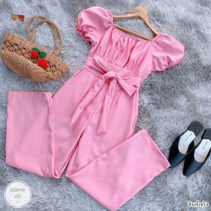 ml043-jumpsuit-จั๊มสูทขายาว-แขนพอง-ช่วงอกจับจีบ-ช่วงเอวมีโบว์ผูก-ไหล่สม็อคยางยืด-เนื้อผ้าซาร่า-ทรงเข้ารูปสวย-งานน่ารัก-ใส่สวยตัวเดียวจบ-นางแบบใส่งานจริง-เนื้อผ้า-ซาร่า-สี-2-สี-กรม-ชมพู-ขนาด-รอบอก-bust