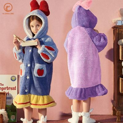 YA ZHOU LONG Childrens cartoon flannel nightgown, girls thickened warm coral fleece home clothes