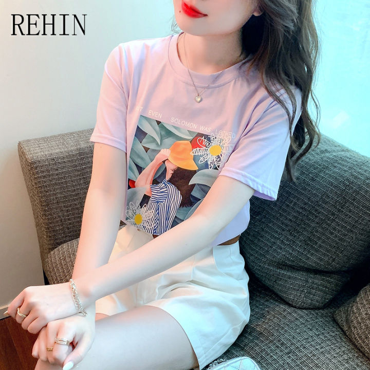 rehin-เสื้อยืดแขนสั้นผู้หญิง-เสื้อยืดคอกลมทรงหลวมผ้าคอตตอนพิมพ์ลายบางสไตล์เกาหลีแบบใหม่แฟชั่นฤดูร้อน