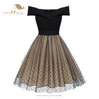 SISHION ปิดไหล่เซ็กซี่ชุดราตรีสำหรับผู้หญิง50S Robe Vintage Dot ตาข่ายสีดำชุด VD3325