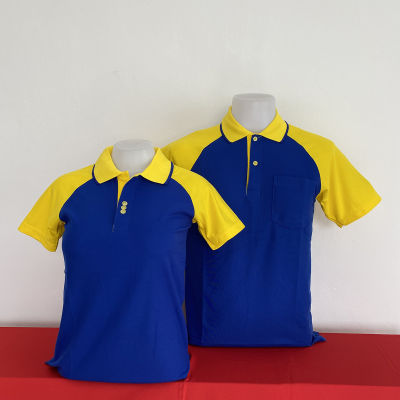 polo shirt แบบหญิง สีน้ำเงินแขนเหลือง ไหล่สโลป แขนปล่อย แบบชายมีกระเป๋า แบบหญิง ทรงเข้ารูป