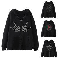 สุภาพสตรี Casual rhinestone Skull Finger รูปแบบแขนยาว Zip Up JACKET hoodies ผู้หญิง hoodies sweatshirt ฤดูใบไม้ร่วง Street Wears