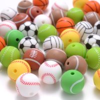 【YF】✽♝  10Pcs 15mm Printed Silicone Beads Round Baseball Tennis Basketball Food Grade Teether for Baby Pacifier Chain Clip