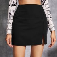 Lovito Plain Split Skirts L20D1127 (Black)