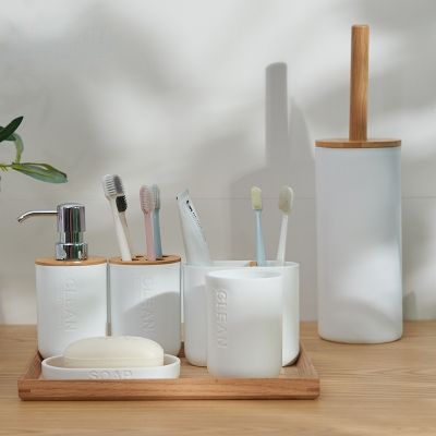 【jw】◊✌ Suporte de escova dentes titular do banheiro copo lavagem bucal caixa sabão vaso sanitário loção hotel b bambu e madeira moderna
