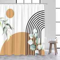 Creative Mid Century Shower Curtain Watercolor Leaves Black Line Geometric Art Print Modern Simple Bathroom Decor Curtains Sets