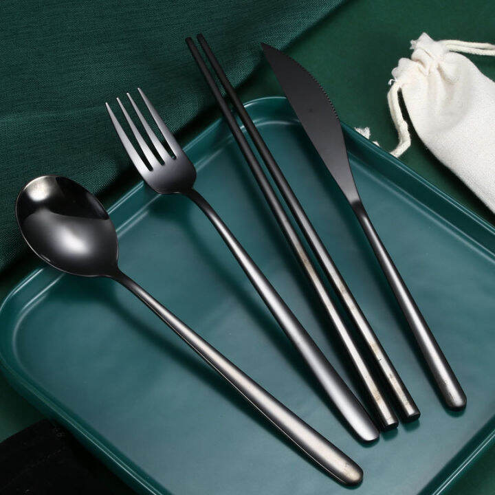 4IN1 Knife Chopsticks Spoon and Fork Metal Cutlery Set 304 Stainless ...