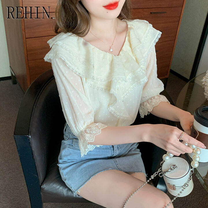 rehin-เสื้อเสื้อผู้หญิงแขนสั้นคอวีมีระบายสำหรับผู้หญิง-เสื้อแฟชั่นใหม่ฤดูร้อน