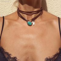 Turquoise Leather Necklace Choker W/Turquoise Charm Bohemian Jewelry Natural Blue Stone Vegan Suede Lariat Wra