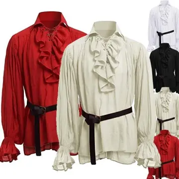 Men Pirate Shirt Vampire Prince Poet Shirts Medieval Buccaneer Frills Lace  Up Renaissance Vintage Gothic Blouse Tops