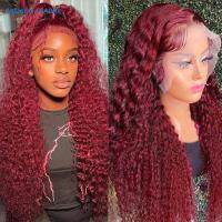 【jw】▤ 99J Burgundy Deep Frontal Wig Straight Front Human Hair Wigs Colored Wine Curly