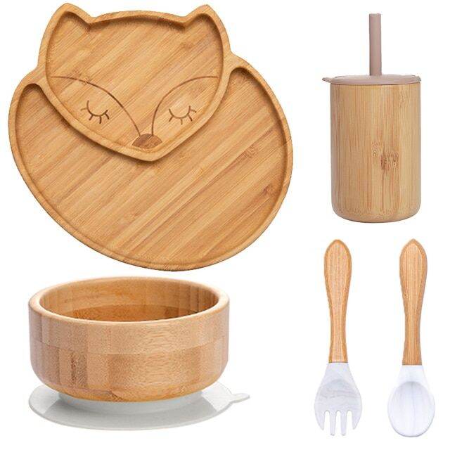 bite-bites-5pcs-set-childrens-tableware-baby-bowl-plate-fork-spoon-cup-suction-feeding-food-bamboo-tableware-bpa-free-non-slip