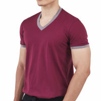 Noxx V-neck T-shirt: เสื้อยืด คอวี สีแดง ขอบเทา