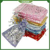 CHUAN 50Pcs คละสี งานสังสรรค์ งานแต่งงาน ถุงของขวัญ โปรดปรานโรส Organza กระเป๋าเครื่องประดับ