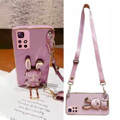 Crossbody Lanyard Strap Phone Case For Xiaomi Redmi Note 11 11S 10 9 8 Pro 10S 9S 10A 10C 9A Cute Rabbit Bracket Silicone Cover