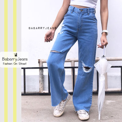 [พร้อมส่ง] BabarryJeans ยีนส์ทรงกระบอก เอวสูง แต่งขาด ปลายตัด สียีนส์อ่อน