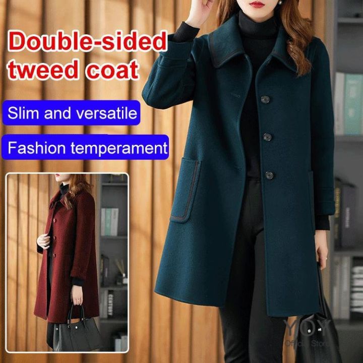 Yufa Women's Woolen Coat Women Autumn Winter Solid Color Lapel Double-breasted  Woolen Midi Trench Coat