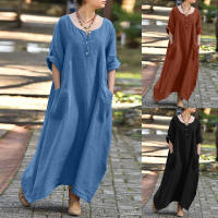 Plus ขนาด Denim ผ้าฝ้าย Maxi ชุดผู้หญิง Haif แขน O คอกระเป๋า Casual Robe 2023ฤดูร้อนสีฟ้าขนาดใหญ่ Streetwear Vestidos