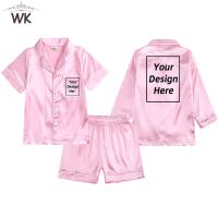 Kids Boy Girls Custom Personalized Satin Pajamas Set Add Your Text Design Button-Down Short/Long Sleeve 2pcs Toddler Sleepwear