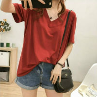 【Plus Size】(40-150kg) Ready Stock Women Short Sleeve Solid Color V-neck Baju Tshirt Fashion Loose Top