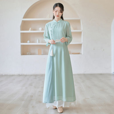Aodai Cheongsam ชุดแขนยาวสไตล์จีนปรับปรุง Hanfu สไตล์จีน Fairy Retro Zen Tea Suit