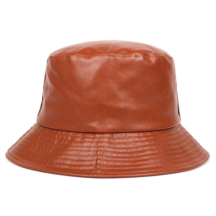 pu-leather-outdoor-waterproof-bucket-hat-unisex-flat-hip-hop-hats-solid-color-leisure-fishing-sun-cap-fisherman-caps-truck-driver-accessories