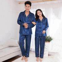 【ร้อน】 Homewear ผ้าไหมซาตินผู้ชายชุดนอนชุดแฟชั่นชุดนอนคู่สองชิ้นสูทสีทึบแขนยาวท็อปส์กางเกงขายาวชุดนอนสูท