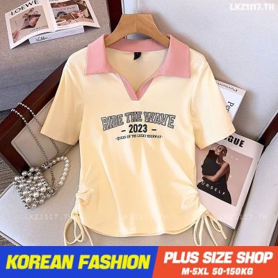 Plus size เสื้อผ้าสาวอวบ❤ เสื้อยืดสาวอวบอ้วน ไซส์ใหญ่ ผู้หญิง เสื้อโปโล ทรงสลิมฟิต แขนสั้น คอปก พิมพ์ ฤดูร้อน สไตล์เกาหลีแฟชั่น V728