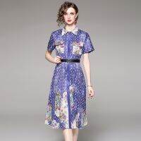 European And American Fashion All-Match Waist Slimming Positioning Printed Short-Sleeved Dress With Belt