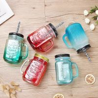 Glass Cup Mason Jar Gradient Transparent With Cover And Straw Water Bottle Mug For Fruit Juice Cool Drink Kitchen Accessories