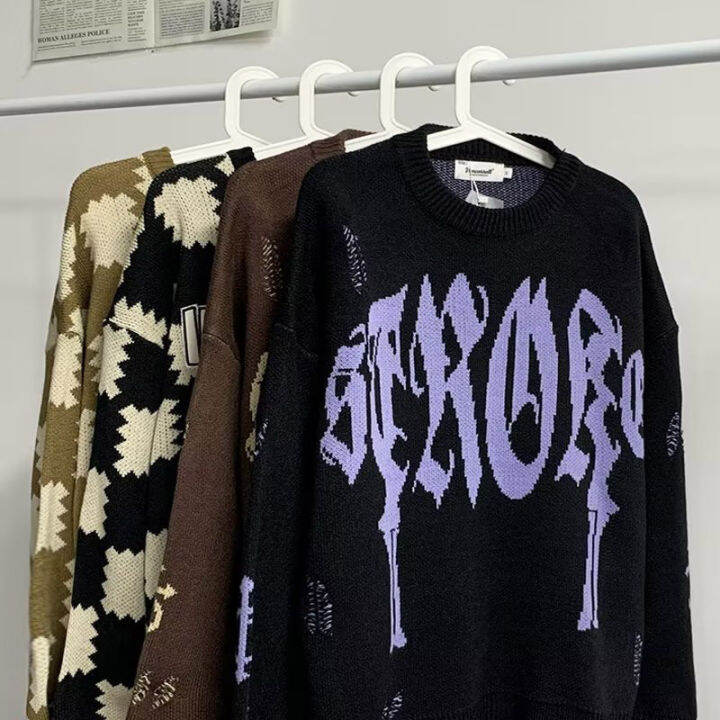 asrv-เสื้อกันหนาว-ผช-เสื้อกันหนาว-ผู้ชาย-สเวตเตอร์ชาย-sweaters-for-men-สำหรับทั้งหญิงและชายเสื้อสเวตเตอร์เสื้อสเวตเตอร์ผ้าแจ็คการ์ดตัวอักษรโบราณแขนยาวเสื้อกันหนาวทรงหลวมๆเสื้อยืดคอกลม