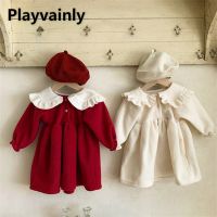 2022 New Spring Autumn Kids Girls Dresses Apricot Red Long Puff Sleeves er Pan Collar Princess Dress Children Clothes E2364