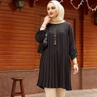 Solid Color Casual Pleated Dress Muslim Plus Size Women Clothes Middle East Tunic Ramadan Eid Djellaba Turkey Dubai Slamic