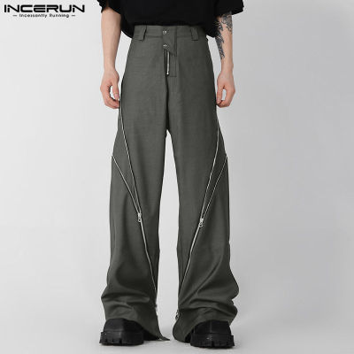 INCERUN กางเกงขายาวผู้ชายแฟชั่นตกแต่งซิปผ่าข้าง,กางเกงขายาวขาบานฮิปฮอปชายเสื้อ (สไตล์เกาหลี)