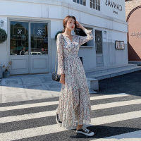 Fall / winter 2020 Korean floral V-neck over knee Long Sleeve Dress