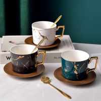 Creative Nordic Ceramic Coffee Cup Wooden Plate Set Luxury Afternoon Tea Phnom Penh Cup Contracted Marble Pattern Mug with Spoon