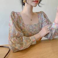 Korea Chic Gentle Sweet Flower Square Collar Clay Loose Lantern Sleeve Shirt Blouse Female Tops Floral Office Wear