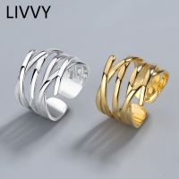 LIVVY Silver Color Open Ring for Women INS Minimalist Irregular Cross Pattern Gold Color Jewelry Bijoux Birthday