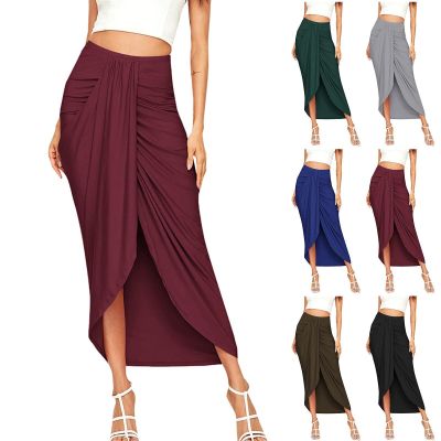 New In Long Skirts For Women Casual Slit Wrap Asymmetrical Elastic High Waist Solid Pleated Skirts For Women Юбка Женская Faldas