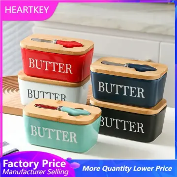 New Ceramic Butter Box Cheese Storage Sealing Dish Tray With Wood