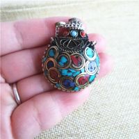 【CW】 BYH024 Nepal brass lovelysnuff bottles 35x30mm Tibetan Inlaid Colorful Stone Amulet Pendants