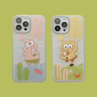 เคสป้องกันเลนส์กระจกสำหรับ IPhone 11 12 13 14 Pro Max ปลอกชานมการ์ตูนน่ารักฝาหลังสปันจ์บ็อบแพทริกดาวกันกระแทกแบบใสเคสโทรศัพท์เซลล์