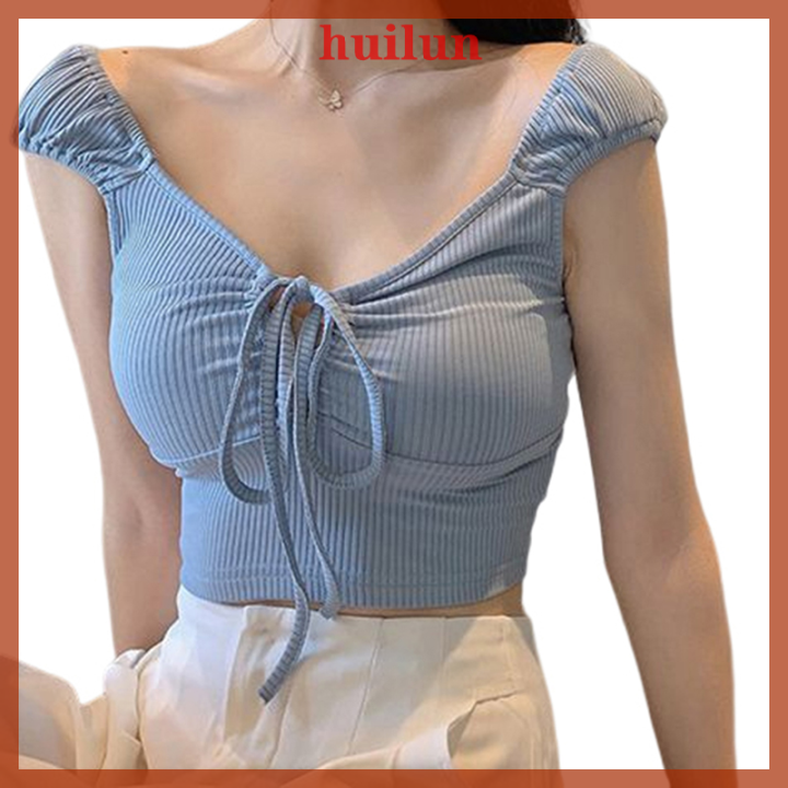 huilun-เสื้อ-y2k-เทรนด์ผู้หญิงเสื้อสั้นแบบสตรีทแวร์ไฮสตรีทเสื้อแบนเดจเสื้อยืดแขนสั้นพัฟ