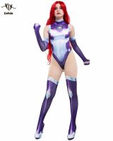 อะนิเมะวัยรุ่นไททันส์ starfire jumpsuit เครื่องแต่งกายซูเปอร์ฮีโร่บอดี้สูท koriand คอสเพลย์ฮาโลวีนเครื่องแต่งกาย props เซน Catsuits