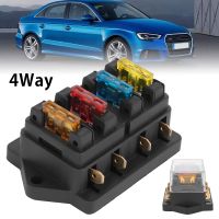 4-Way Fuse Block Car Fuse Block Blades Waterproof Fuse Box Holder with 4 Fuse Blades and Transparent Cover for Automotive Car