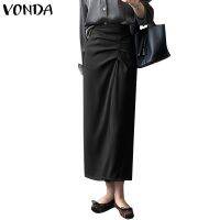 Vonda กระโปรงยาว หน้ากว้าง พับได้ สีพื้น สไตล์เกาหลี สําหรับผู้หญิง