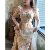 2023 Summer Print Floral Dress for Women Sweet High Waist Off-Shoulder Fairy Dress Korean Puff Sleeve Holiday Beach Dress 27695