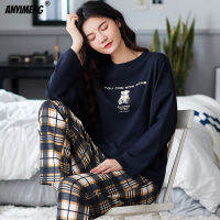 【 Cw】แฟชั่นชุดนอนฤดูใบไม้ร่วงฤดูหนาว Homewear ยาว Pullover เลานจ์สวม Xxl 3xl ผู้หญิง Pijama ชุดลายสก๊อตหมีสองชิ้นชุดผ้าฝ้าย Pajamahot