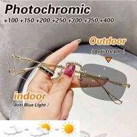 [Photochromic สีเทา],[+ 100ถึง + 400] Frameless แว่นอ่านหนังสือผู้หญิงผู้ชายป้องกันแสงสีฟ้า Frameless สายตายาวตามอายุแว่นตาป้องกันรังสียูวีแว่นกันแดด